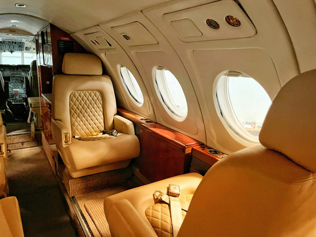 Inside a private jet — cabin seating and amenities