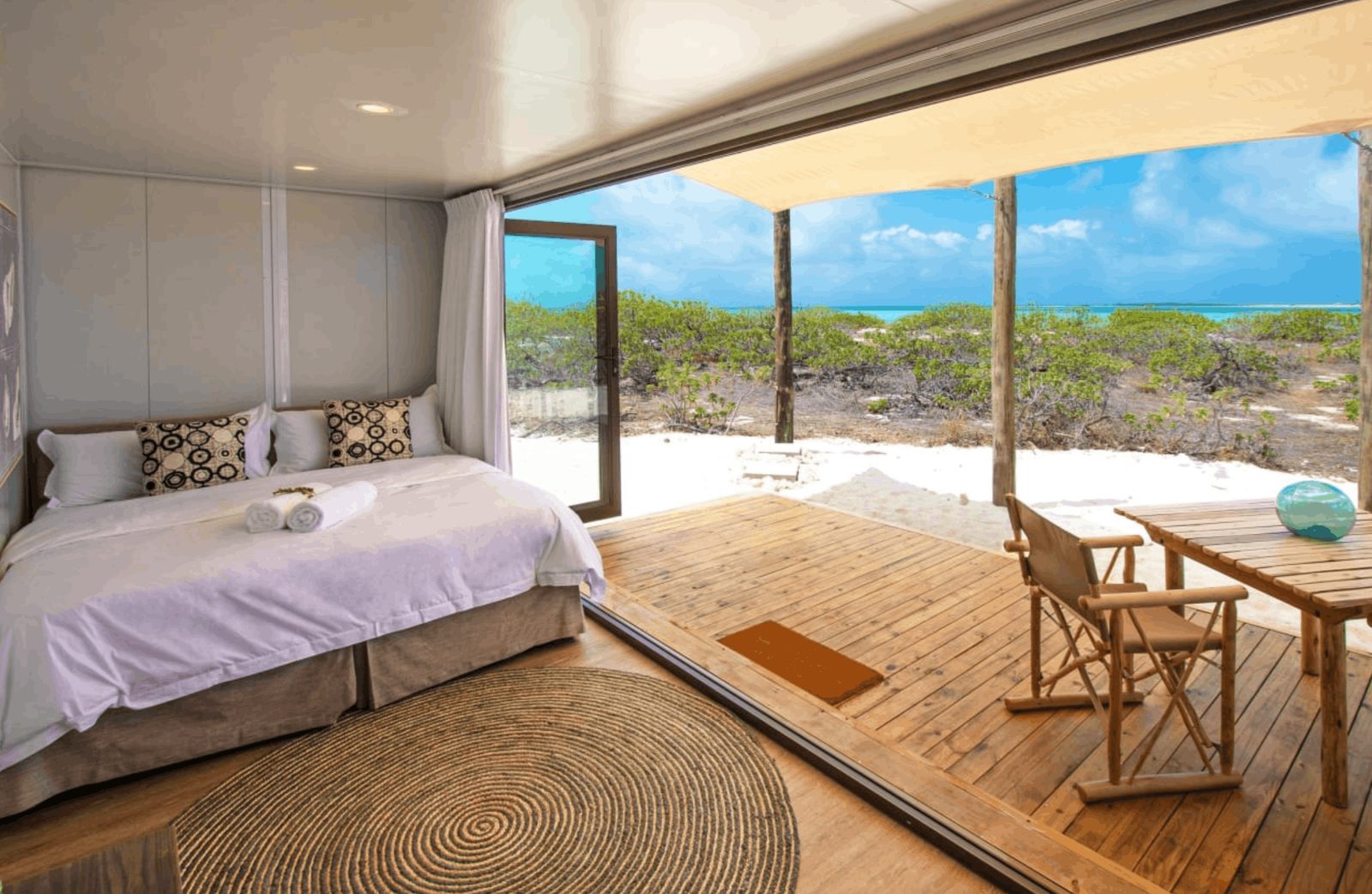 Eco Pod tented accommodation at Cosmoledo Eco Camp on a remote Seychelles atoll