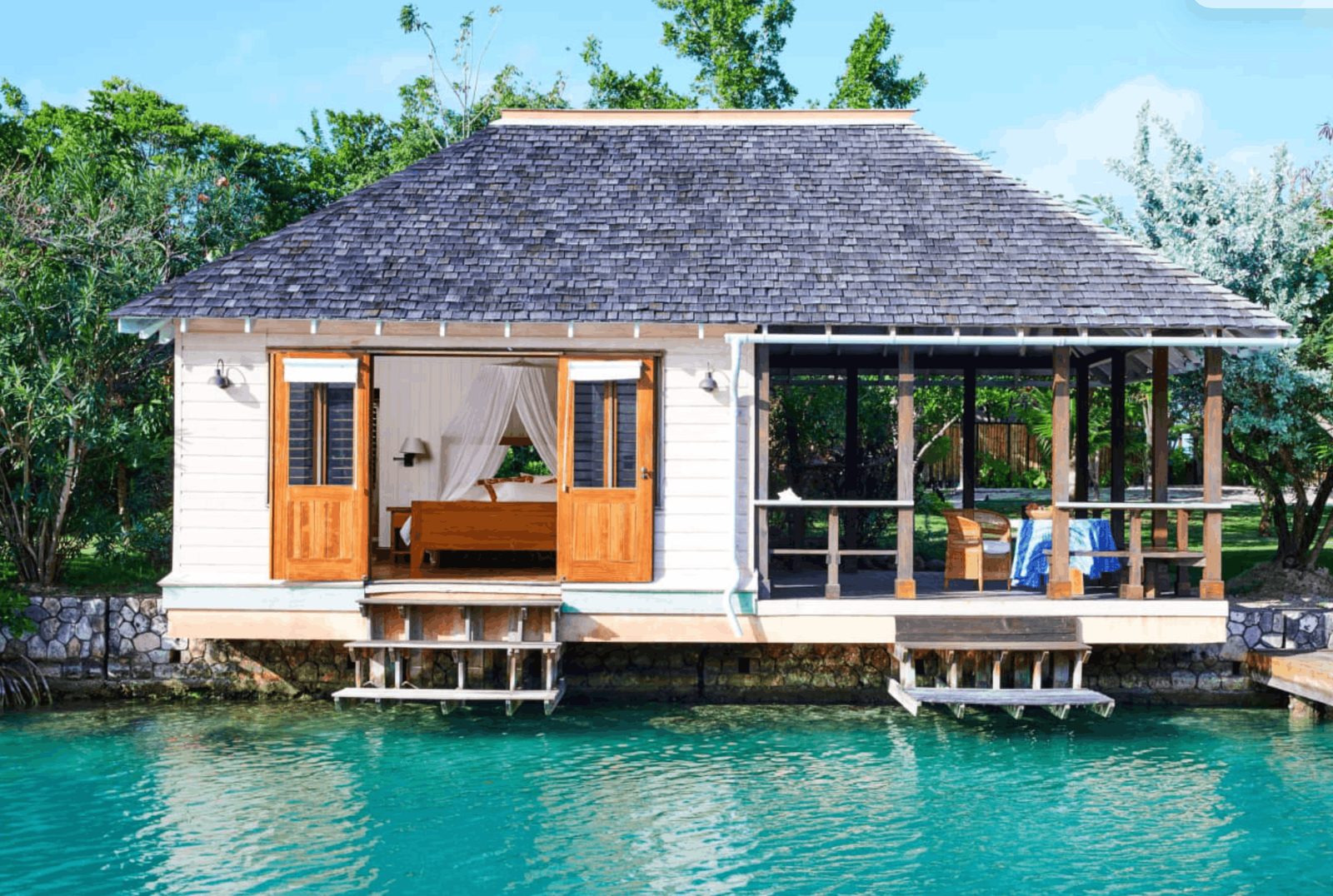 Seawater lagoon and waterfront cottages at GoldenEye in Oracabessa, Jamaica