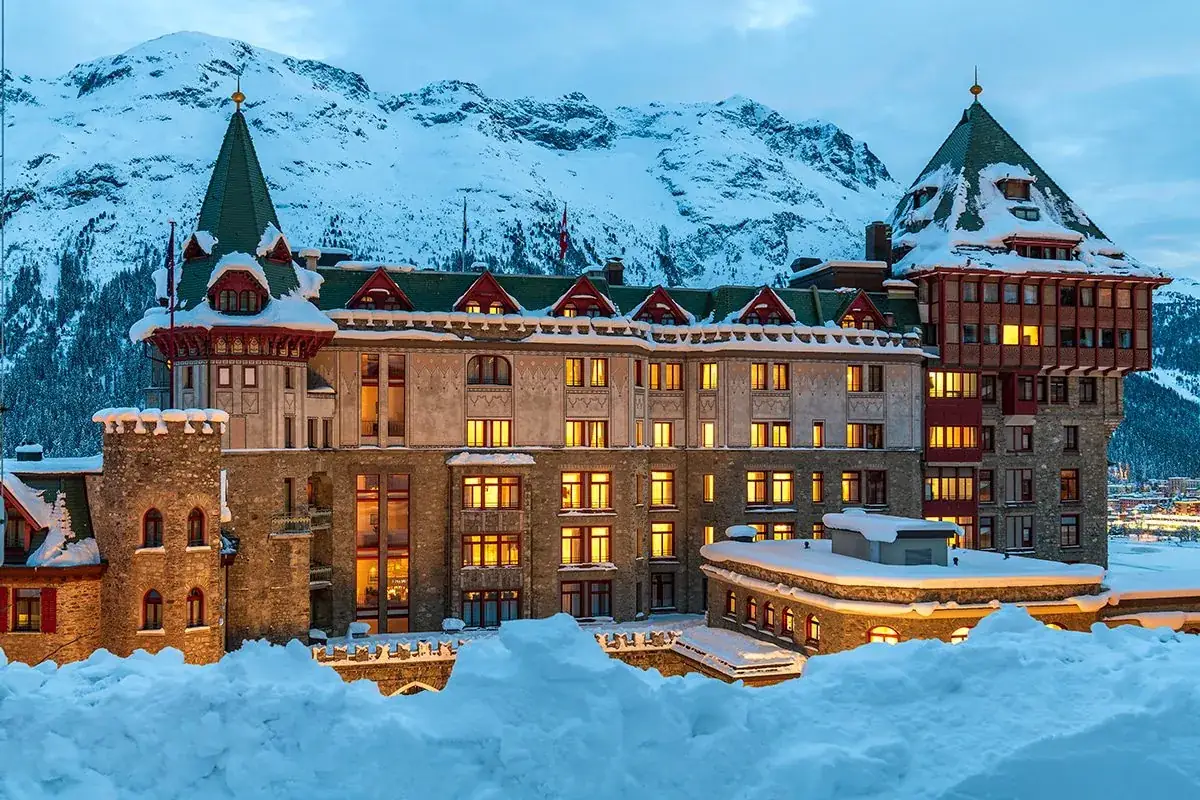 Badrutt's Palace Hotel St Moritz exterior in winter