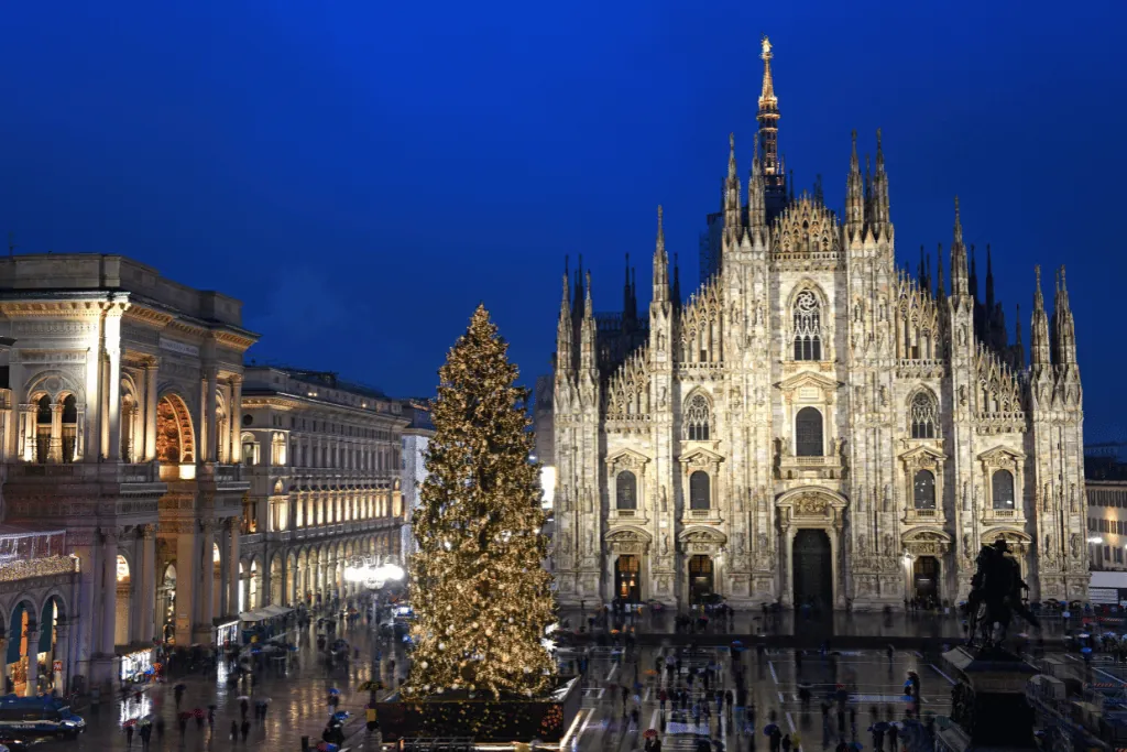 Milan Christmas markets stalls and festive lights