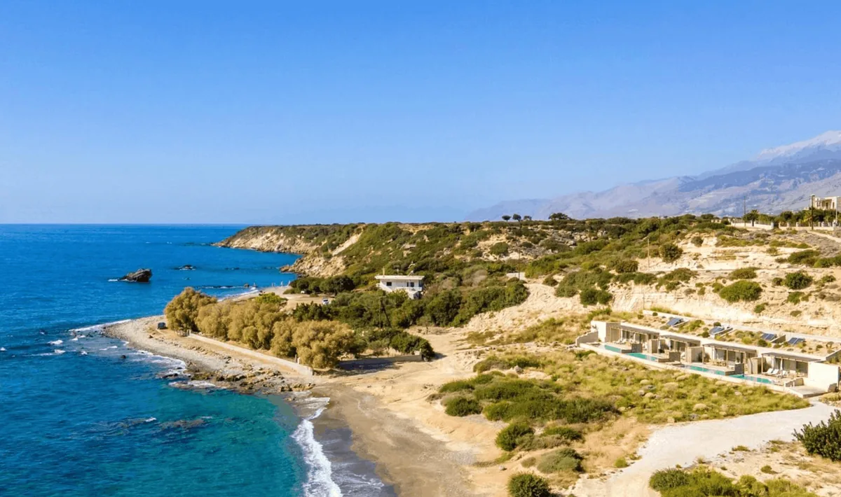 Salvia Suites above Lakka beach on the south coast of Crete, a terrace and private pool looking out over the Libyan Sea.