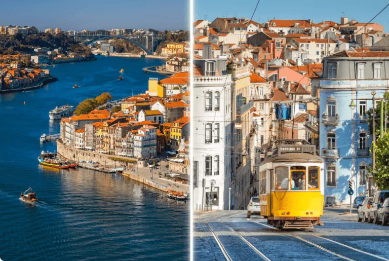 Lisbon and Porto side by side - showing colourful trams, tiled buildings and rooftop views in Lisbon, alongside Porto’s Douro River, traditional boats and port cellars - the perfect visual for two centre holidays Porto and Lisbon.