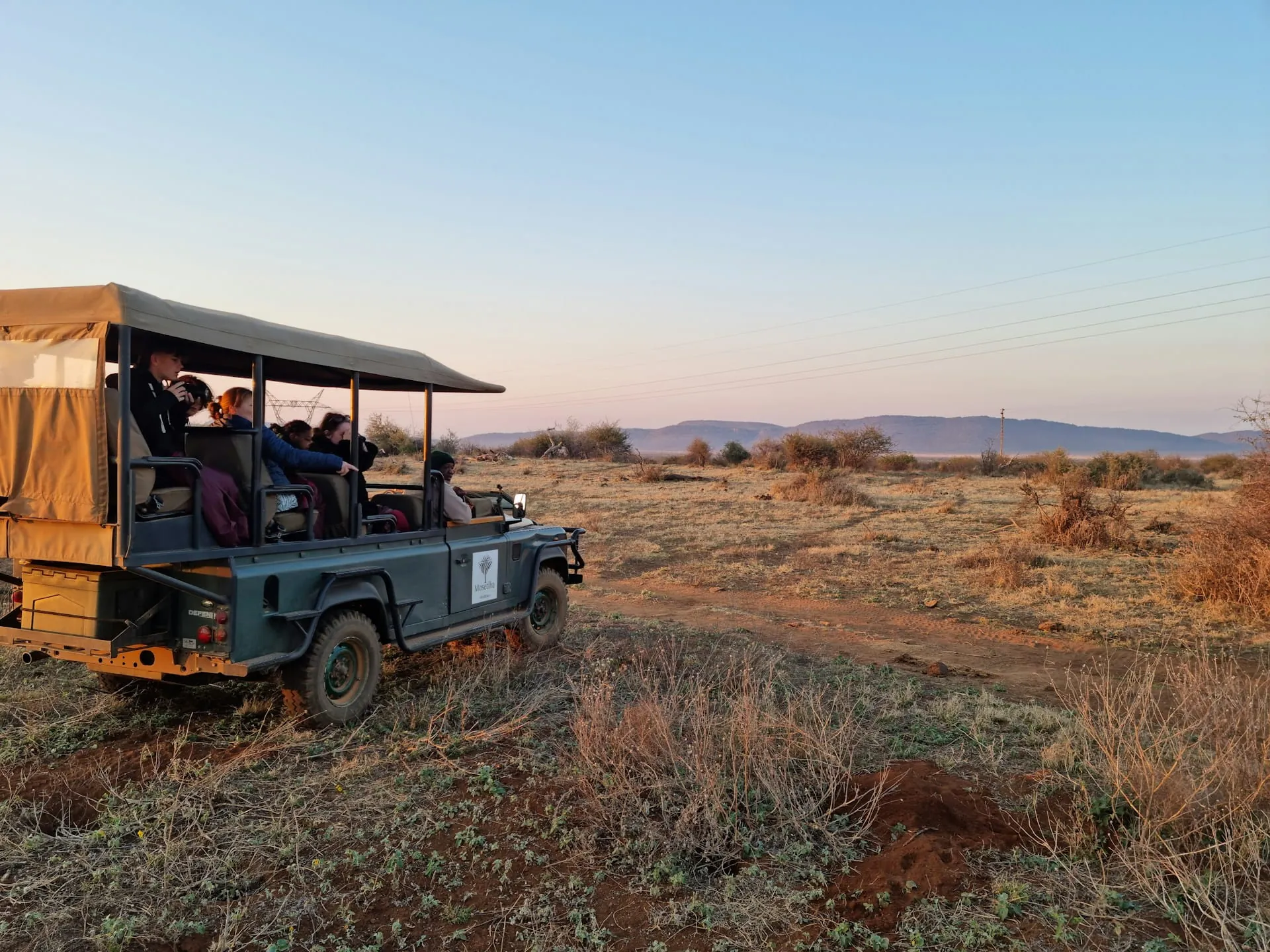 Guests in an open game vehicle on an early evening safari drive in South Africa