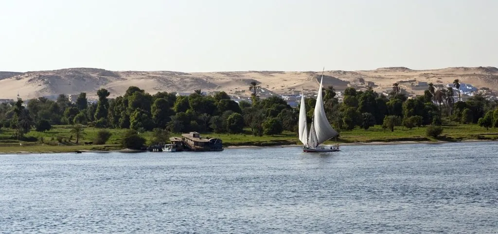 river nile, nature, egypt, sailboat, dhow, felucca, sand dunes, trees, landscape, tranquil