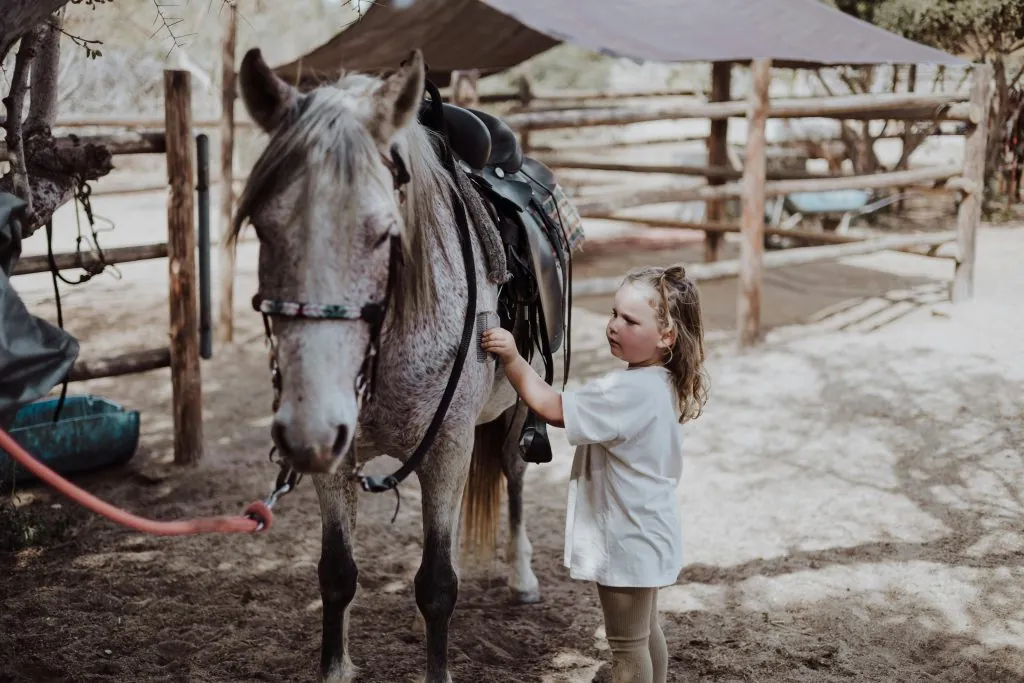 A young girl interacts with a horse at a charming rural ranch setting, capturing a tender moment.