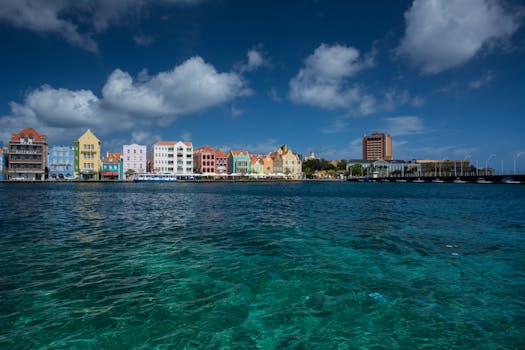 Scenic view of vibrant colonial buildings lining the harbor in Willemstad, Curacao.